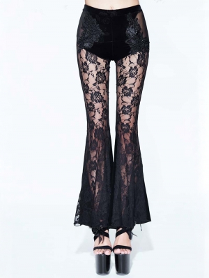 Black Sexy Gothic Velvet Lace Flared Trousers for Women