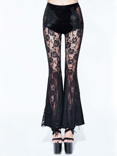 Black Sexy Gothic Velvet Lace Flared Trousers for Women - Devilnight.co.uk
