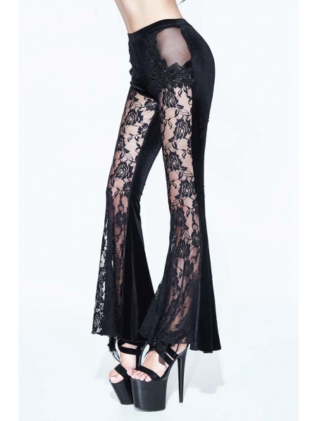 Black Sexy Gothic Velvet Lace Flared Trousers for Women - Devilnight.co.uk