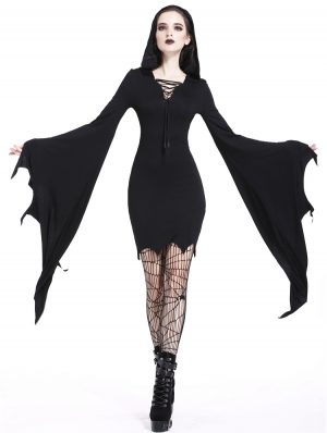 Black Gothic Super Bat Sleeve Sexy Hooded Short Dress