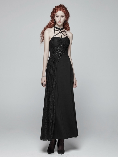 Black Gothic Halter Daily Wear Long Dress - Devilnight.co.uk