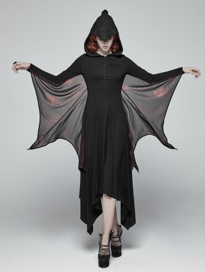 Black and Red Gothic Bat Wing Hooded Long Dress