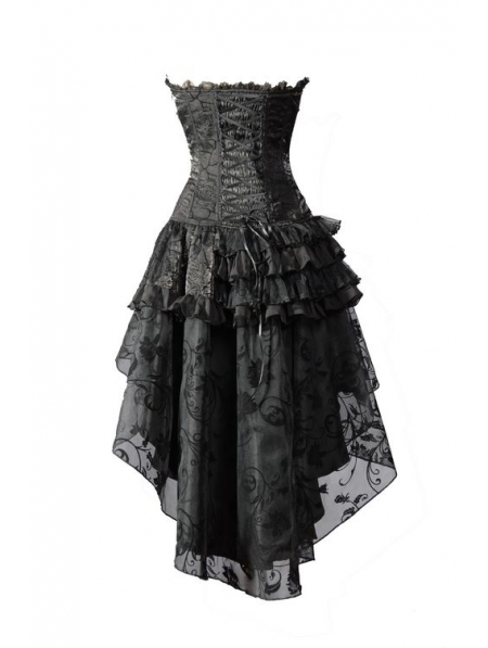 Black Corset High-Low Layer Skirt Gothic Party Dress - Devilnight.co.uk