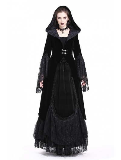 Black Vintage Gothic Velvet Hooded Jacket for Women