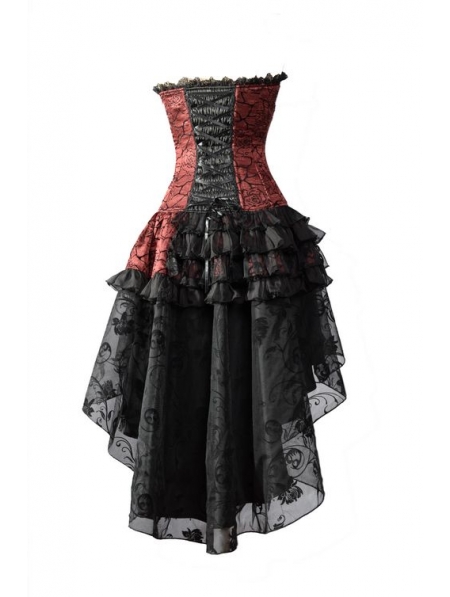 Red Corset High-Low Layer Skirt Gothic Party Dress - Devilnight.co.uk