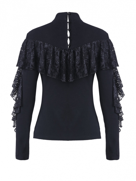 Black Gothic Romantic High-Collar Lacey Knitted T-Shirt for Women ...