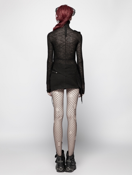 Black Gothic Slim Punk Long Sleeves T-Shirt for Women - Devilnight.co.uk