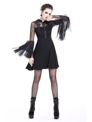 Black Cute Gothic Mesh Long Sleeves Short Dress