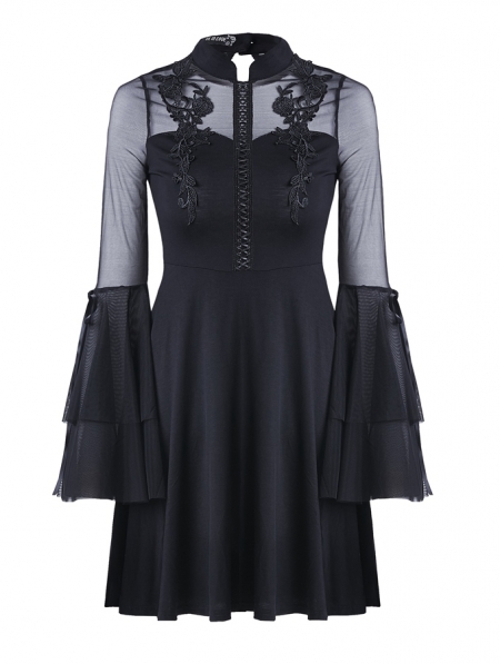 Black Cute Gothic Mesh Long Sleeves Short Dress - Devilnight.co.uk