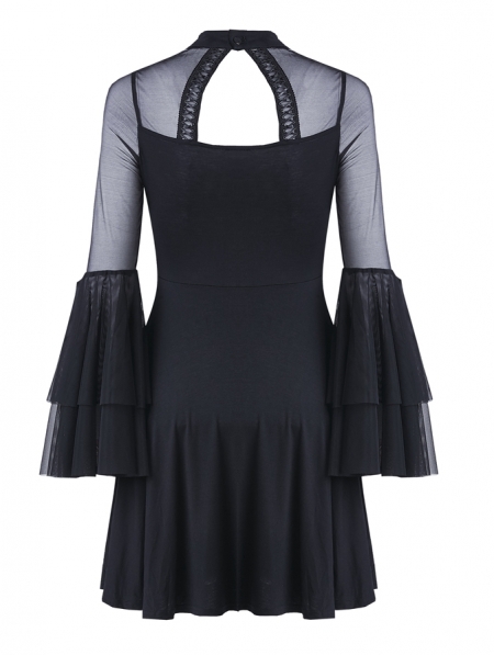 Black Cute Gothic Mesh Long Sleeves Short Dress - Devilnight.co.uk