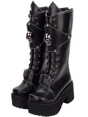 Black Gothic Punk Skull Platform Boots for Women