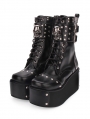 Black Gothic Punk Skull Buckle Belt Platform Mid-Calf Boots for Women