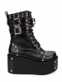 Black Gothic Punk Skull Buckle Belt Platform Mid-Calf Boots for Women