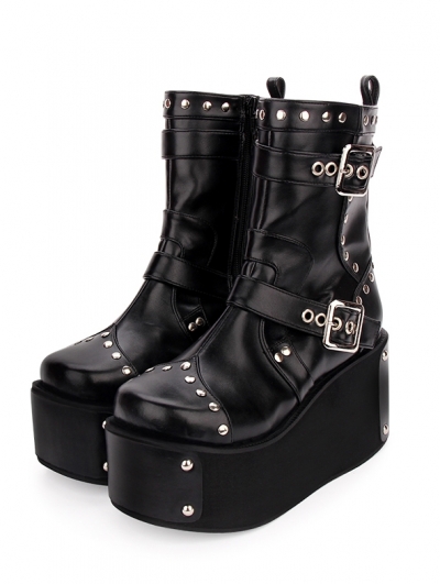 Black Gothic Punk Buckle Belt Platform Mid-Calf Boots for Women