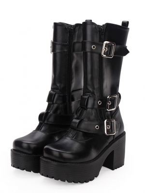 Black Gothic Punk Buckle Belt Platform Boots for Women