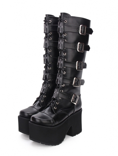 Black Gothic Punk Lace Up Cross Belt Knee Platform Boots for Women