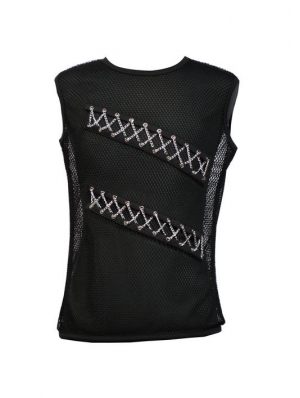 Black Sleeveless Chain Design Gothic T-Shirt for Men