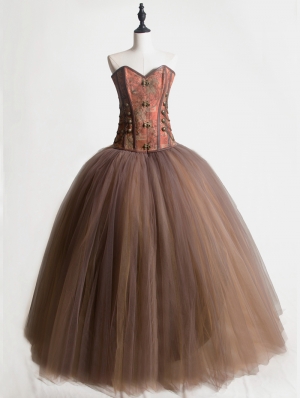 Brown Vintage Gothic Steampunk Corset Long Prom Party Dress
