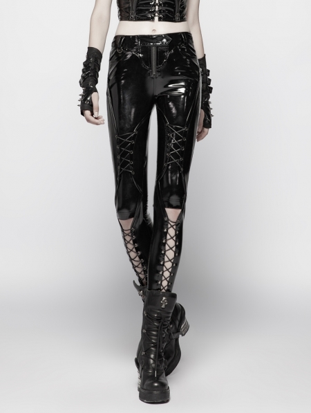 Black Gothic Punk Pressure Latex Trousers for Women - Devilnight.co.uk