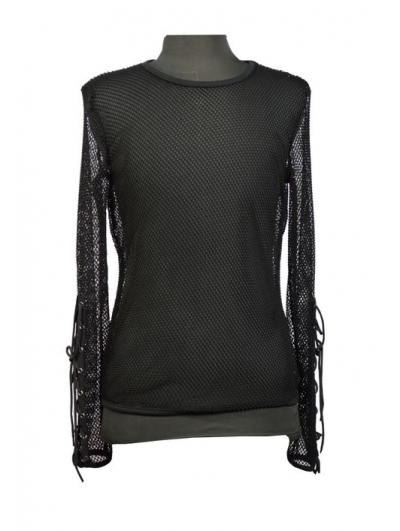 Black Net Mens Gothic T-Shirt with Lace-up Sleeves