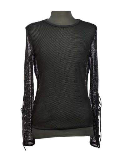 Black Net Mens Gothic T-Shirt with Lace-up Sleeves - Devilnight.co.uk