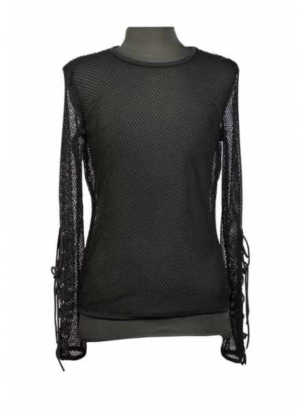 Black Net Mens Gothic T-Shirt with Lace-up Sleeves - Devilnight.co.uk