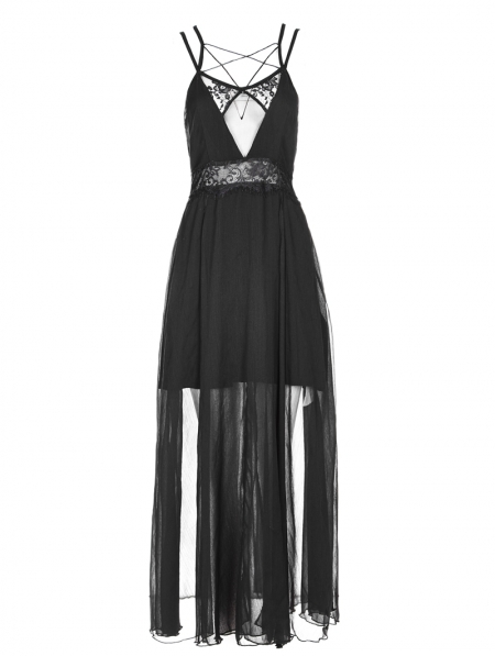 Black Gothic Strap Lace Chiffon Long Dress - Devilnight.co.uk