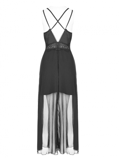 Black Gothic Strap Lace Chiffon Long Dress - Devilnight.co.uk