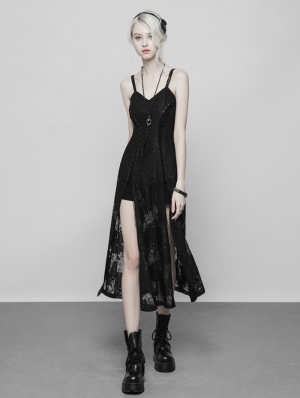 Black Gothic Lace Strap Heavy Industry Slit Long Dress
