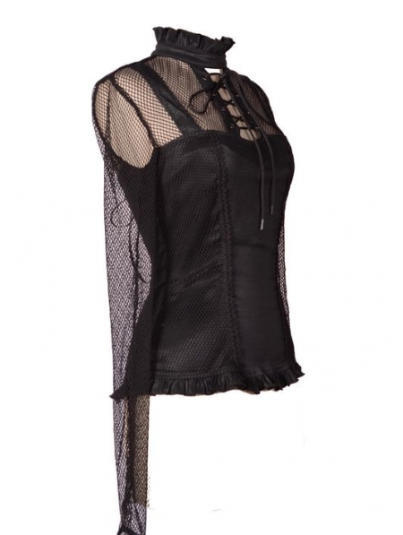 Black High Collar Net Sexy Gothic T-Shirt for Women - Devilnight.co.uk