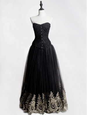 Black Gothic Corset Prom Party Long Dress with Gold Lace Hem