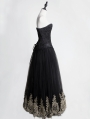 Black Gothic Corset Prom Party Long Dress with Gold Lace Hem