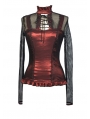 Wine Red High Collar Net Sexy Gothic T-Shirt for Women 