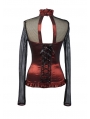Wine Red High Collar Net Sexy Gothic T-Shirt for Women 