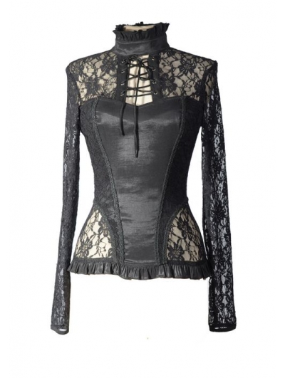 Black Sexy Lace Long Sleeves Gothic T-Shirt Tops for Women 