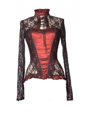 Wine Red Sexy Lace Long Sleeves Gothic T-Shirt Tops for Women 