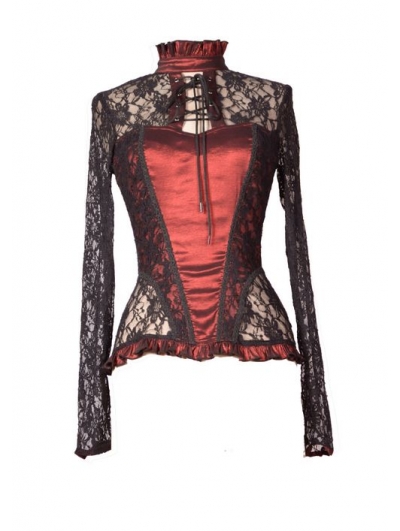 Wine Red Sexy Lace Long Sleeves Gothic T-Shirt Tops for Women 