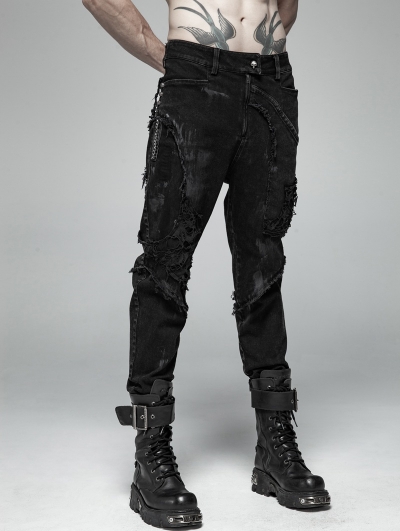 Black Gothic Punk Broken Hole Net Trousers for Men