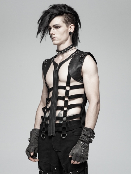 Black Gothic Punk Personality Skeleton Vest Top for Men 