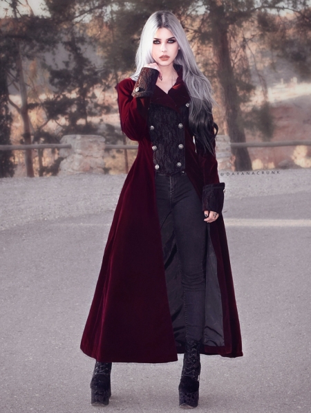 Wine Red Double Breasted Gothic Long Coat For Women