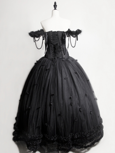 Romantic Black Gothic Flower Off-the-Shoulder Corset Prom Ball Gown ...
