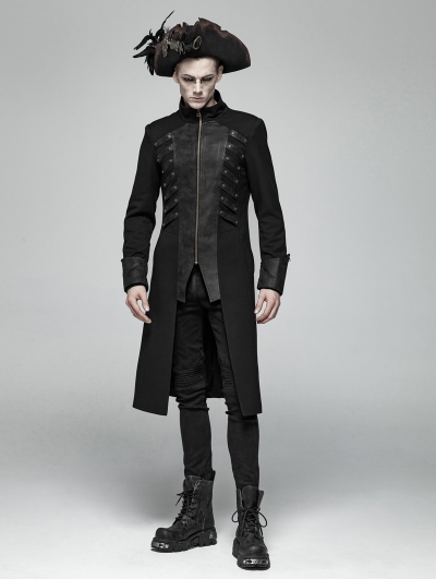 Black Gothic Rivet Zipper Mid-length Coat for Men