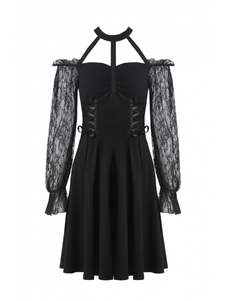 Elegant Black Gothic Lace Off-the-Shoulder Party Dress - Devilnight.co.uk