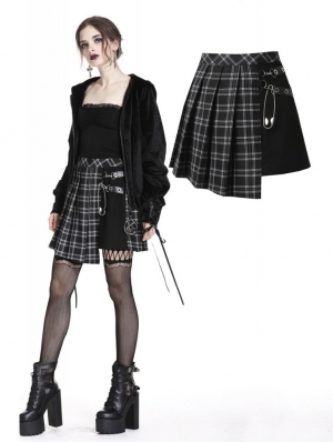 Black Gothic Punk Pleated Grid Irregular Hem Short Skirt