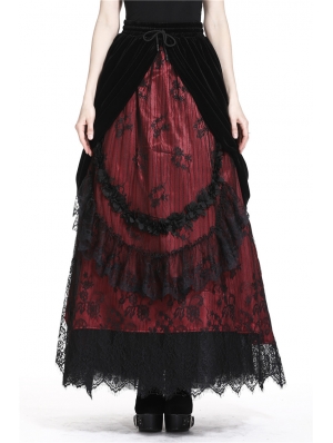 Romantic Gothic Black Red Velvet Lace Long Skirt