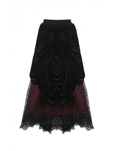 Romantic Gothic Black Red Velvet Lace Long Skirt - Devilnight.co.uk