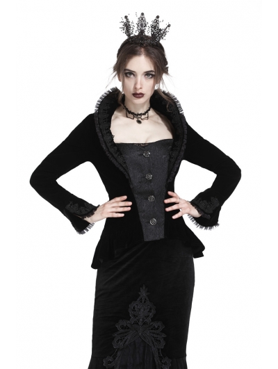 Black Gothic Royal Stand-up Collar Velvet Short Jacket for Women