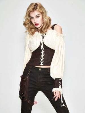 Ivory and Brown Steampunk Long Sleeves Shirt for Women