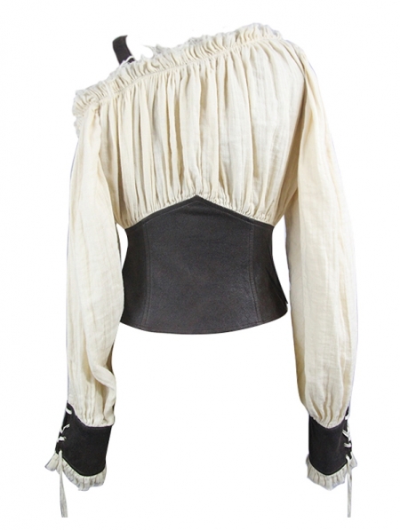 Ivory and Brown Steampunk Long Sleeves Shirt for Women - Devilnight.co.uk