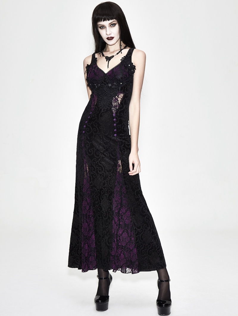 Black and Purple Sexy Gothic Lace Maxi Formal Dress